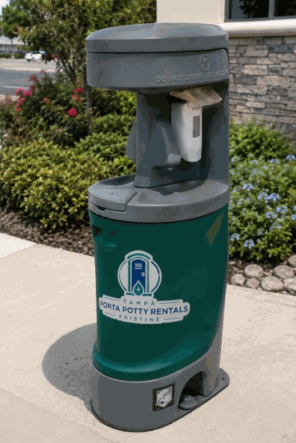 Portable handwash station rental with foot-pump sink beside a Tampa event site